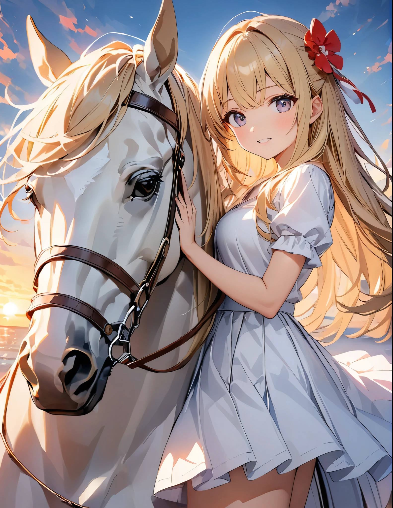 アニメ、アニメスタイル、アニメ風、((Amazingly absurd)),超High resolution, Attention to detail, high quality, High resolution, 最high quality, 4K, 8k,Girl on a horse、White dress with a red accent on a white background、Blonde、Long Hair、Red Hair Accessories、Sunset and white clouds background