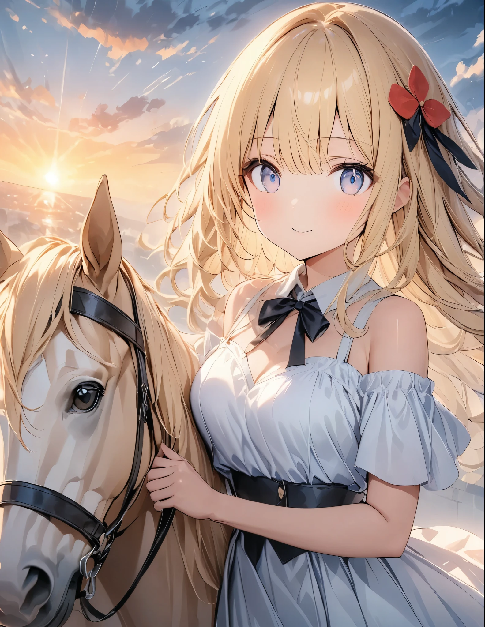 アニメ、アニメスタイル、アニメ風、((Amazingly absurd)),超High resolution, Attention to detail, high quality, High resolution, 最high quality, 4K, 8k,Girl on a horse、White dress with a red accent on a white background、Blonde、Long Hair、Red Hair Accessories、Sunset and white clouds background