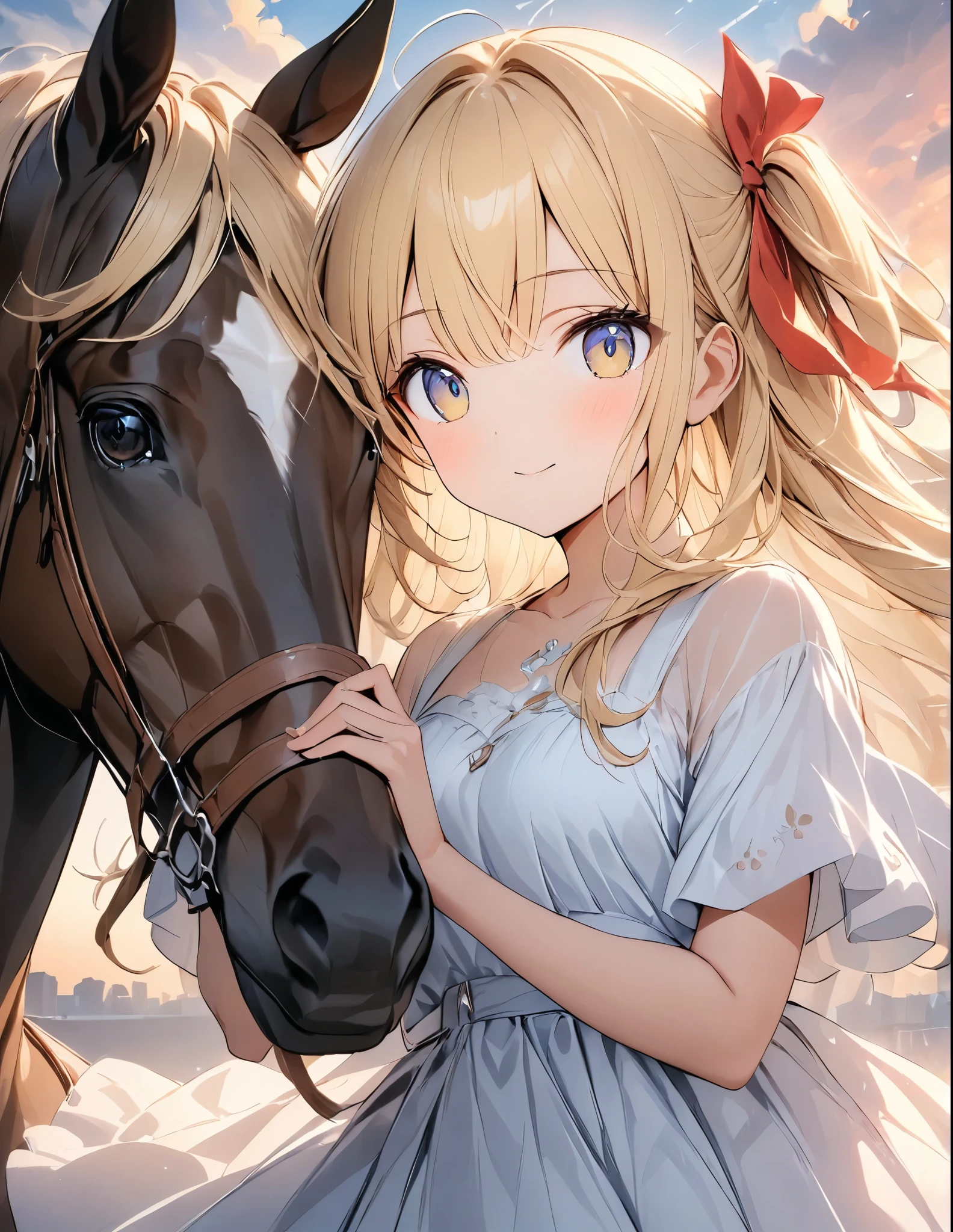 アニメ、アニメスタイル、アニメ風、((Amazingly absurd)),超High resolution, Attention to detail, high quality, High resolution, 最high quality, 4K, 8k,Girl on a horse、White dress with a red accent on a white background、Blonde、Long Hair、Red Hair Accessories、Sunset and white clouds background