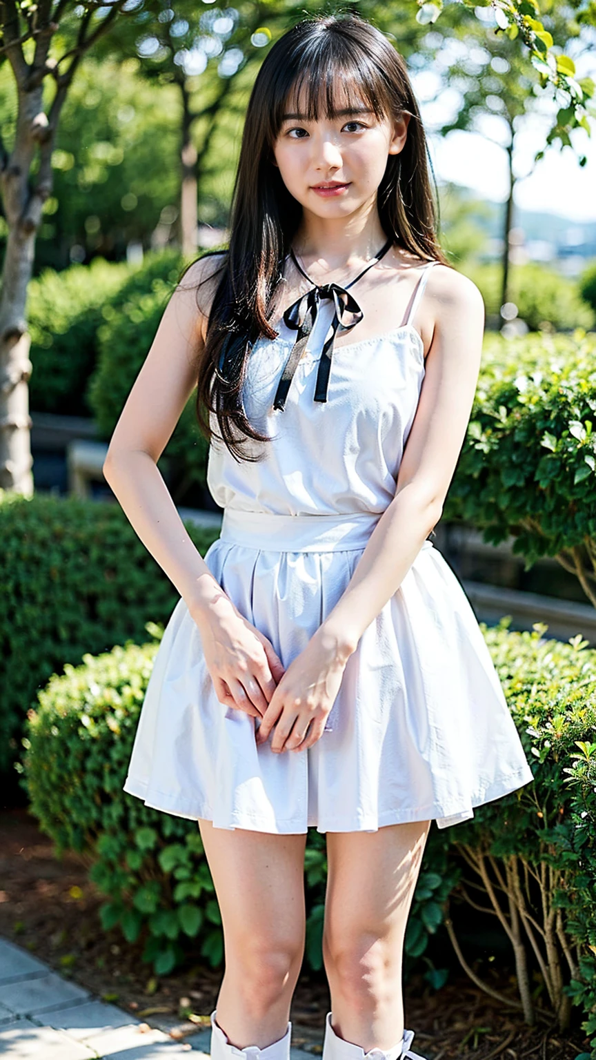 (8k、RAW Photos、Highest quality、masterpiece:1.2)、(Realistic、Realistic)、1 person、((White and black miniskirt、blouse、See-through、Shoulder visible、garden、Breast enlargement、boots、ribbon、Thin legs、whole body、View from the front、Looking into the camera、Stand with hands on hips))、cute