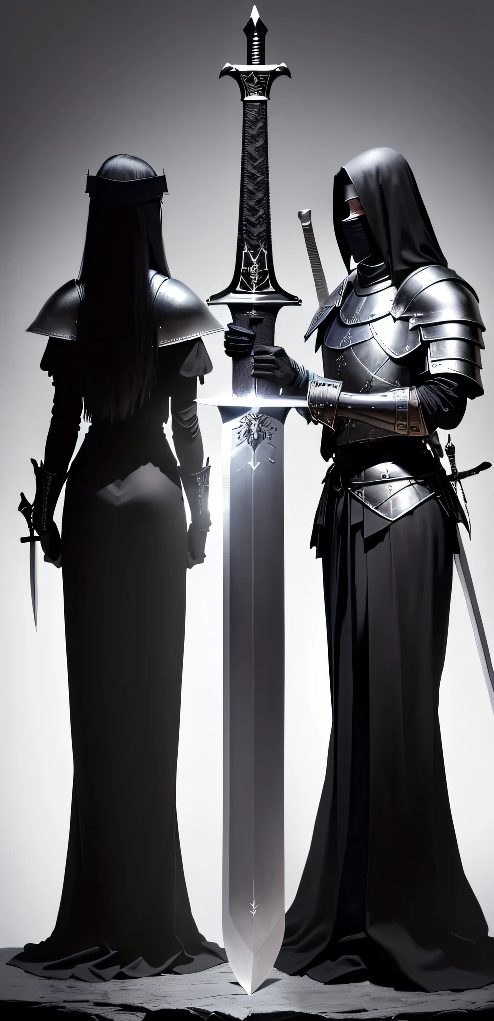 silhouette of a black and white knife, medieval sword, sword, sword design, large sword, black iron sword, long sword, big sword, medieval sword on stone, armored sword blade, holds a black sword, basic steel sword, an evil sword, longsword, fantasy sword, dagger, huge sword, hand holding medieval sword, swords drawn