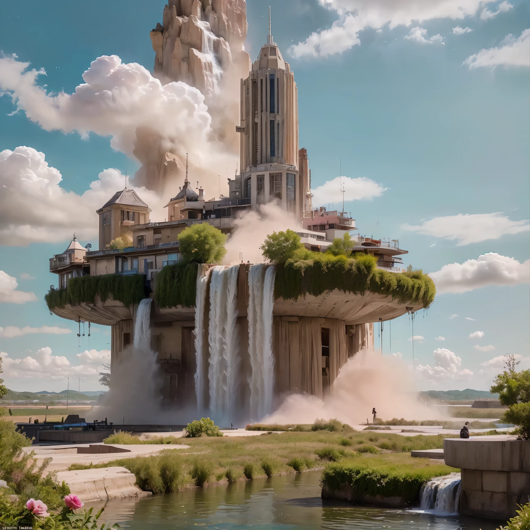 (8k, highest quality, masterpiece, final fantasy style: 1.2), (unRealistic, photoRealistic: 1.37), Dreamy landscape, Fantasy, Unsurreal landscapes, Super detailed, Flying Castle, Floating Island in the Sky, Seven-colored swirl of light, Intense lightning, milky way, Complex Light, Colored light, Large Lake, Starry sky reflected on the lake surface, Countless shining stars, Meteors, Reflections , (A pillar of light emanated from the ground:1,2), (((roses and orchids gardens , bright day , pink clouds, waterfalls in the sky, realistic style, Hyperrealism drawing, a flying pirate spaceship floating above the clouds)))) , burning skyscrapers, , timeless realms, stunning princess , casting spell, healing light magic effect, in a magical lagoon of the fairyland, crystal clear water surface reflections, sharp focus, looking at viewer, (close-up:0.9), (bright white theme:1.2), (bright white tone:1.2), (deep blue tone:1.3),((( realistic, Hyperrealism, vivid colours , landscapes , alien cyborgs , science fiction themes))),