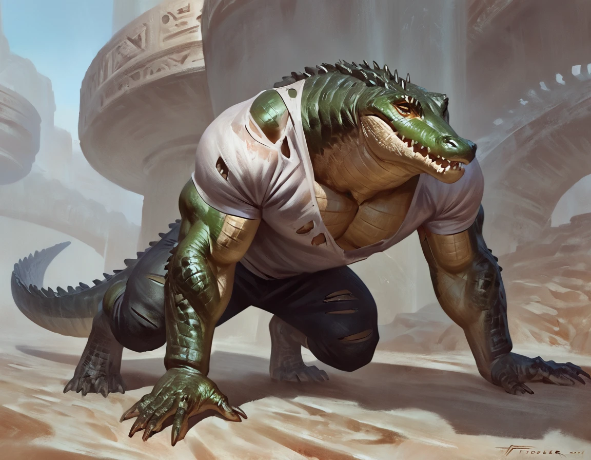 male crocodile in the middle of transformation, von Taran Fiddler, alone, masterpiece, best art, Ripped pants, torn shirt, detailed hands, detailled eyes, Detailed hull, Pain expression, natta, closed eyes, muscular, conceptual art, all fours, Egyptian clothing