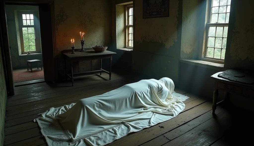Person dead and cover whole body by white in the old room in khmer