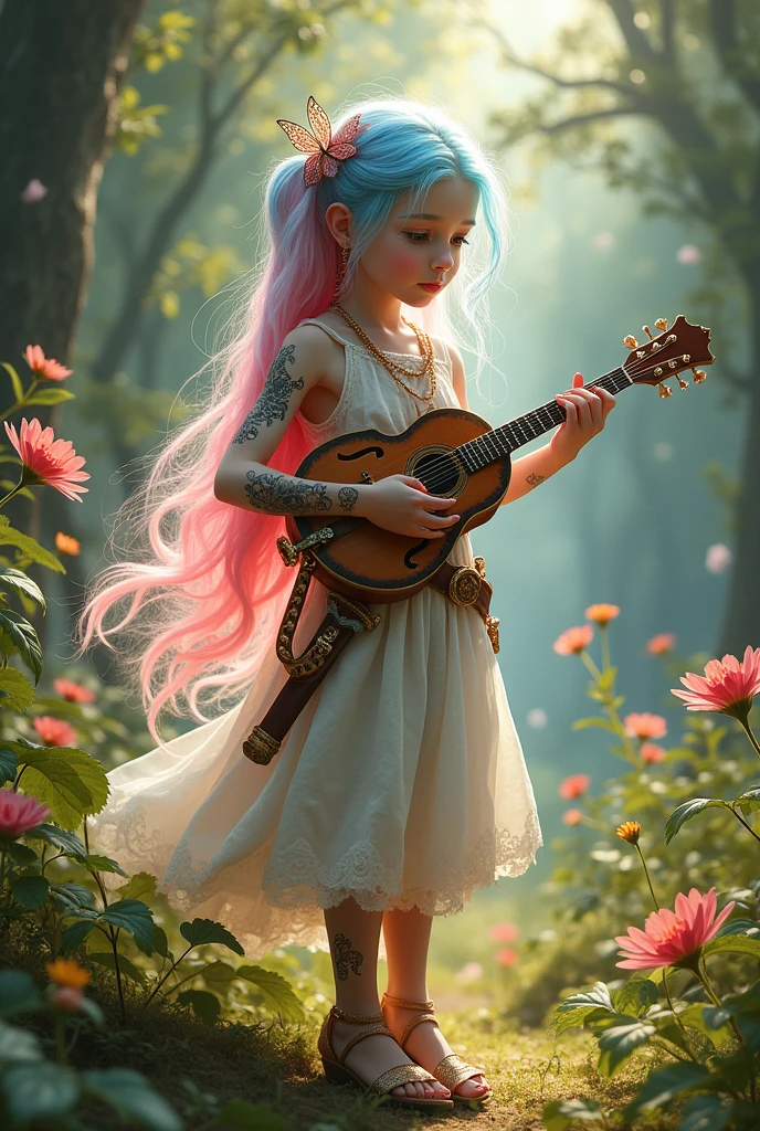 A young and very sexy girl, her hair is pink and blue and her skin is white and delicate, her eyes are silver and under her skin a golden powder covers her entire body, She also has several magical runes tattooed on her., this girl is noble and is the daughter of a fairy, she enjoys adventuring and being a bard and loving music, she is always with her fancy bandolim in hand and her sword kept at her waist or back, she also enjoys wearing high heels, Your mandolin is very beautiful and has a butterfly design..