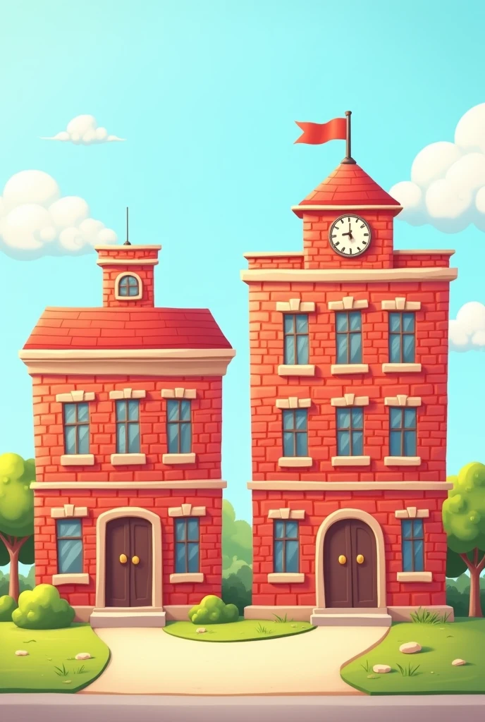 #CONTEXT
You are a professional cartoon character drawing person.
#INSTRUCTIONS
You create a picture of a school with 2 rectangular buildings lying horizontally, each building has 5 floors, the exterior is made of red bricks.
#DATA
Style is cartoon, clay, colored image, no background, simple color.
#REQUEST RESULT
No background. still image. No shadow. Frame ratio 1:1