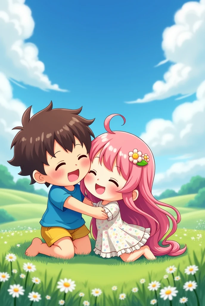 Chibi boy girl hugging and laying in grass