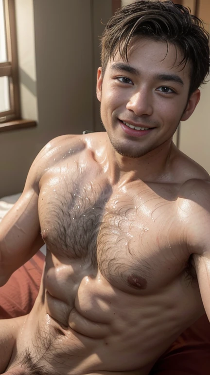 Muscular 42yo man wakening-up on bed, morning-wood bulge, nice hairy chest with sweating drops, vivid color red lips, pleasure smile face, mug of coffee, morning sun rise, staring at camera, messy wavy short hair