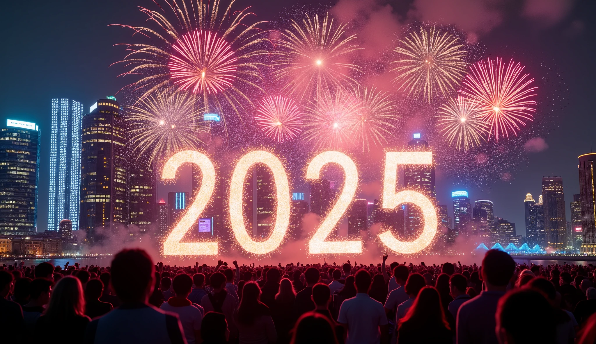 A City scape midnight  'Happy New Year, 2025 ' s celebration image featuring a Hologram Digital clock and a burst of fireworks.

