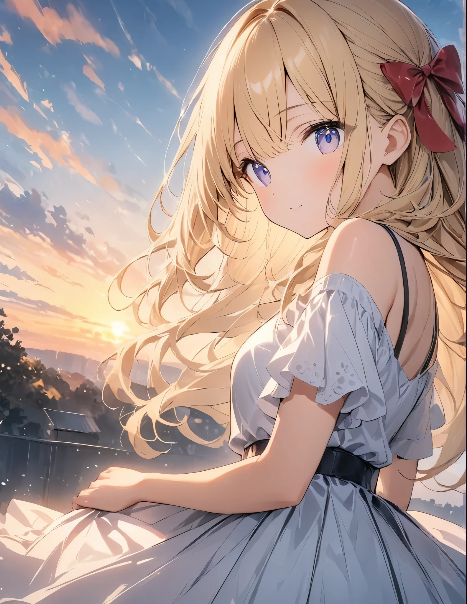 アニメ、アニメスタイル、アニメ風、((Amazingly absurd)),超High resolution, Attention to detail, high quality, High resolution, 最high quality, 4K, 8k,Girl on a horse、White dress with a red accent on a white background、Blonde、Long Hair、Red Hair Accessories、Sunset and white clouds background
