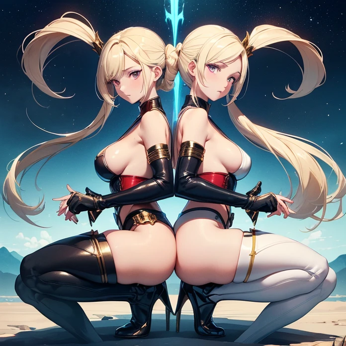 Absurdres, masterpiece, HD, high resolution, science-fantasy, alien, character alone, ordered context, best quality, epic story dramatic and conspiracy, best features and characteristics, full body, back view
{{1character:50 years old blonde haired elder beauty woman:(pale skin, red eyes, blonde hair tied in two high twintails, blonde long freinge near the face, short nose, closed mouth, gentle expression, medium breasts, voluptuous figure, absolute beauty, beautiful arms, beautiful legs, beautiful feminine body, big butt),(black highleg leotard, gold gauntlets, gold shoulderpads, black armsleeves, white leggings, two white belts),(sexy crouching pose, lovely demeanor),(blue landscape, orange lava river at the left, light-blue sky, blue mounds around)}}