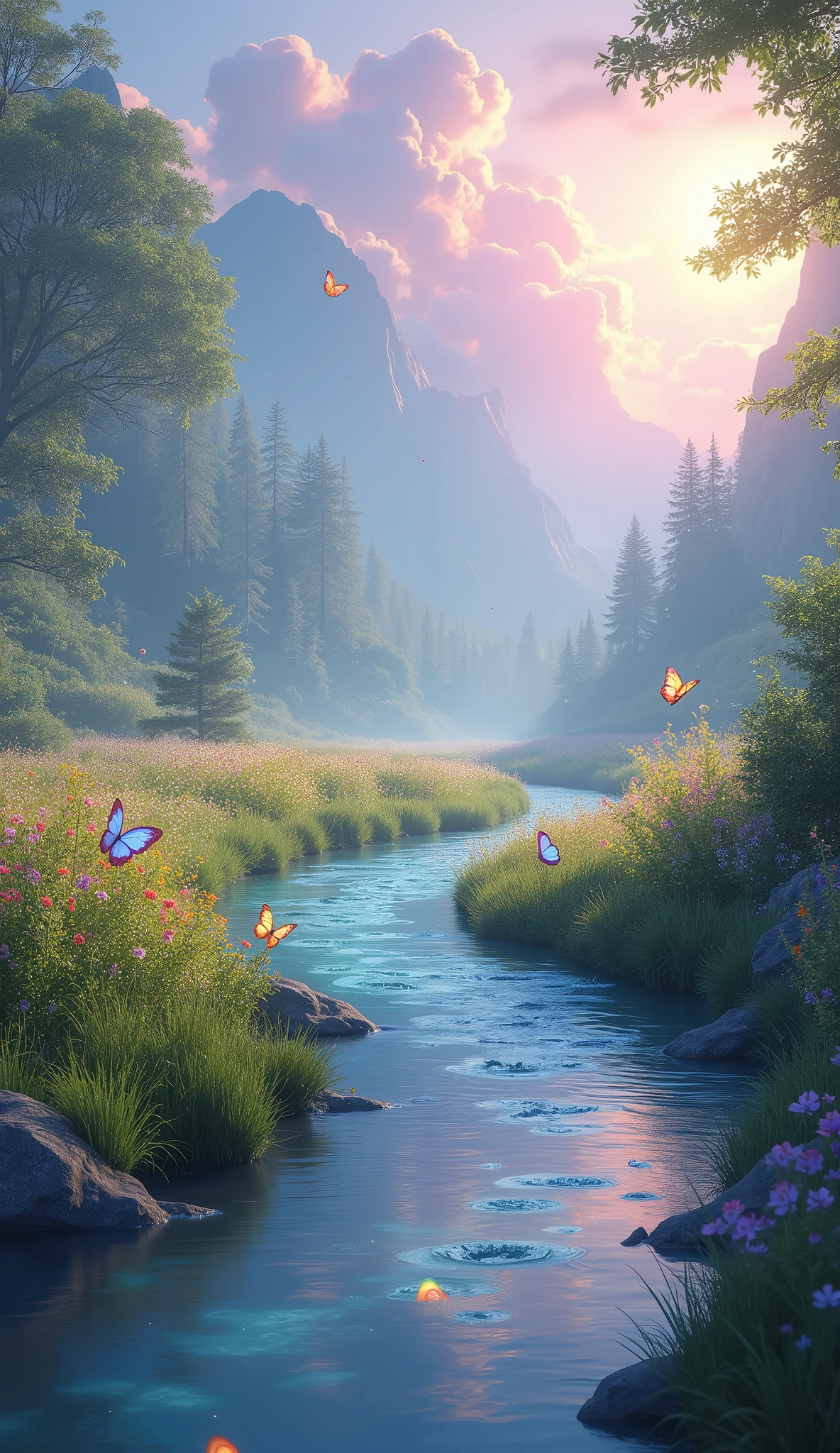 Beautiful energy art that empowers those who see it。Landscape images。Butterflies dancing by the river。Fantasy。dream-like。Fantasy。