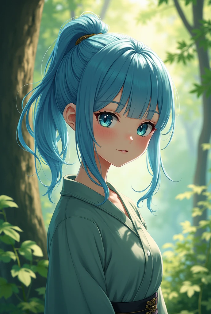 (masterpiece), (Highest quality), (Very detailedな),(Disheveled Hair),(shape), (One person), Japanese,10th Generation,Are standing, smile, Beautiful attention to detail, Bright Blue Eyes, Beautiful face in every detail, Focus on the face, ponytail,Full body,Sacred Forest,Light blue hair, Detailed Hair, bangs, Best lighting, Best Shadow, Very detailed, Vibrant