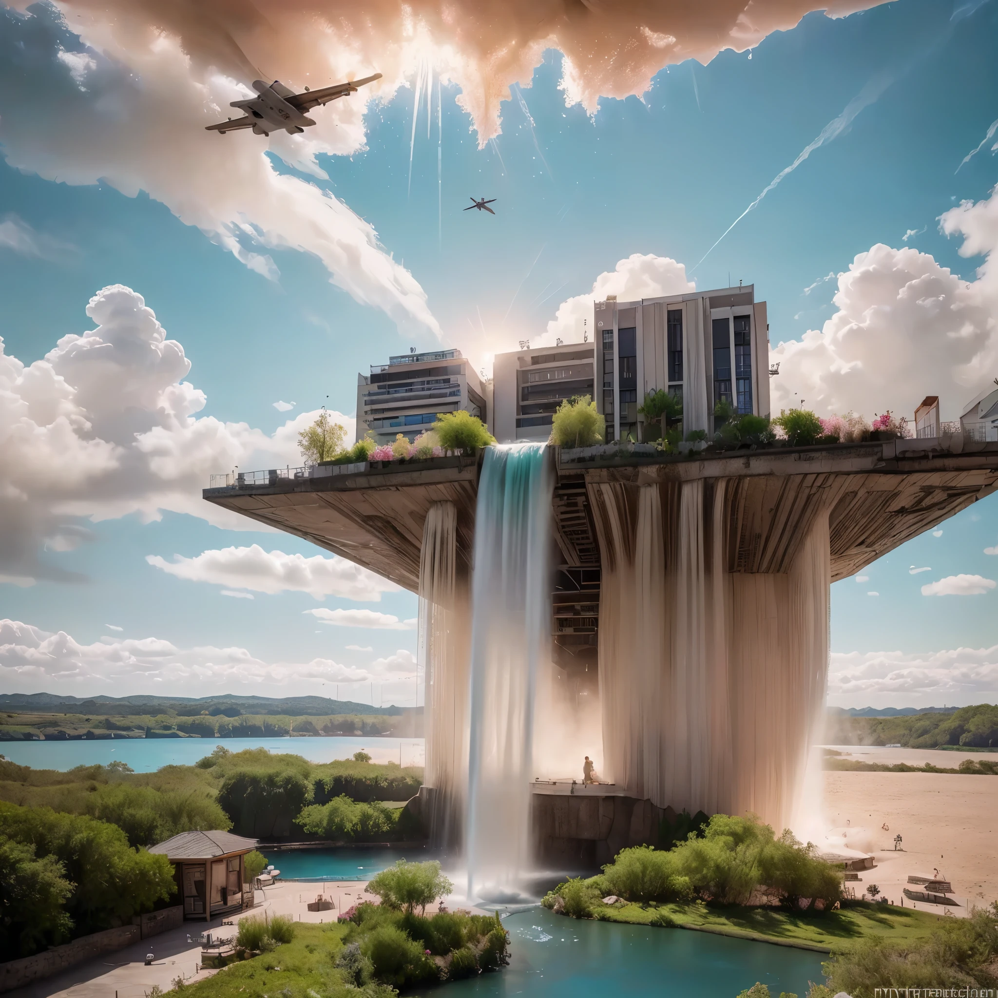 (8k, highest quality, masterpiece, final fantasy style: 1.2), (unRealistic, photoRealistic: 1.37), Dreamy landscape, Fantasy, Unsurreal landscapes, Super detailed, Flying Castle, Floating Island in the Sky, Seven-colored swirl of light, Intense lightning, nebulas,Complex Light, Colored light, Large Lake, Starry sky reflected on the lake surface, Countless shining stars, Meteors, Reflections , (A pillar of light emanated from the ground:1,2), (((roses and orchids gardens , bright day , pink and 50 shades of blue clouds, waterfalls in the sky, realistic style, Hyperrealism drawing, a flying pirate spaceship floating above the clouds)))) , burning skyscrapers, , timeless realms, stunning princess , casting spell, healing light magic effect, in a magical lagoon of the fairyland, crystal clear water surface reflections, sharp focus, looking at viewer, (close-up:0.9), (bright white theme:1.2), (bright white tone:1.2), (deep blue tone:1.3),((( realistic, Hyperrealism, vivid colours , landscapes , alien cyborgs , science fiction themes))),