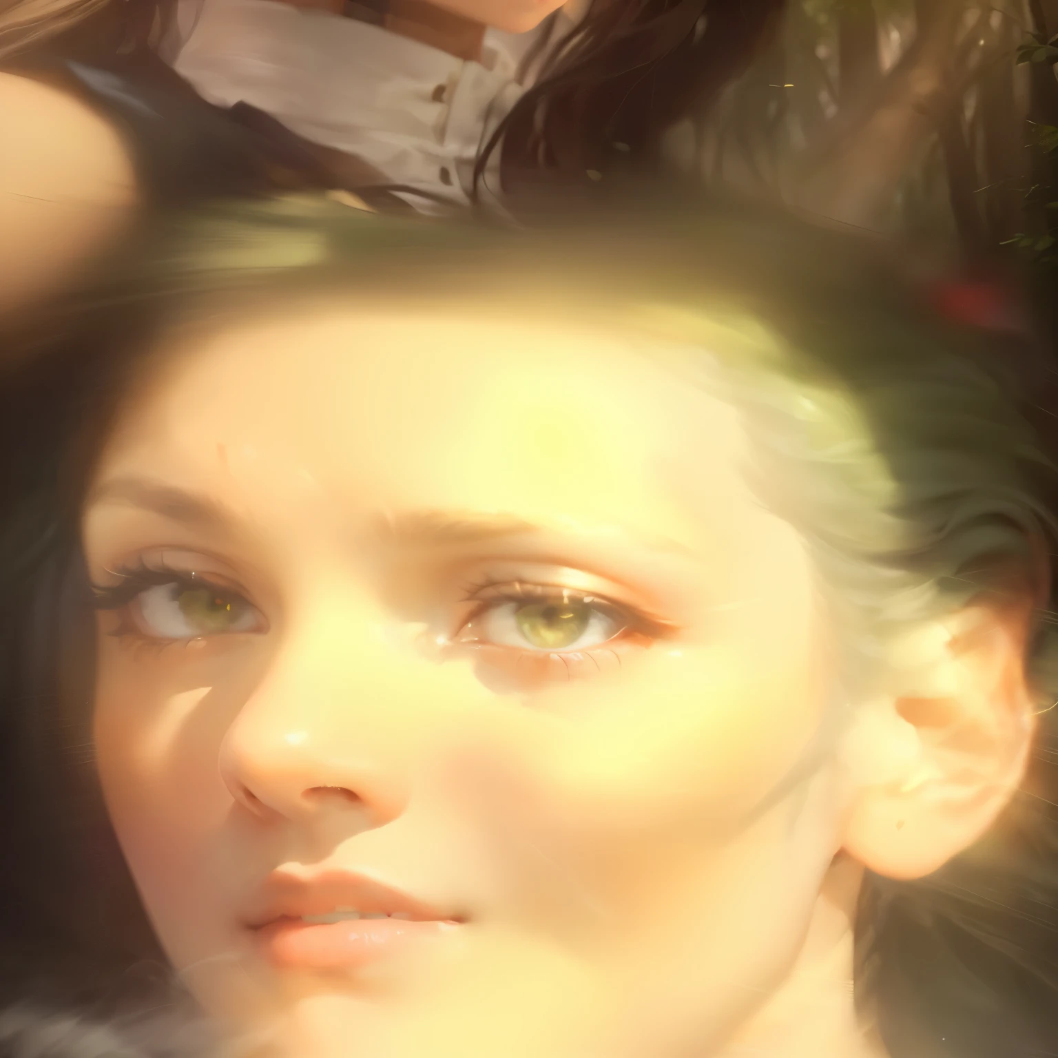 8k, best quality, masterpiece, highly detailed, semi realistic, a girl, a girl, 20 years old, looking at hands, long dark brown hair with bangs, curly hair, green eyes, black Japanese style cut clothes, white pants, bare shoulders, golden details, thin figure, cold expression, battle scenes, outdoors, forest background, with many trees and dark sky