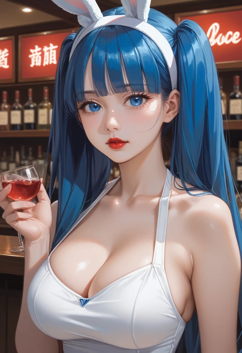 One girl, Solo, Side top double tails, Very long twin tails, Blue hair, Staring at you, Bright blue eyes, Blue pupils, Red lips, Large breasts, Ball shaped breasts, Cleavage, Tight waist, Kind face, Beautiful Japanese woman, Five fingers, Reality, Full body, Bunny headband, Wearing a white leotard and serving at a bar