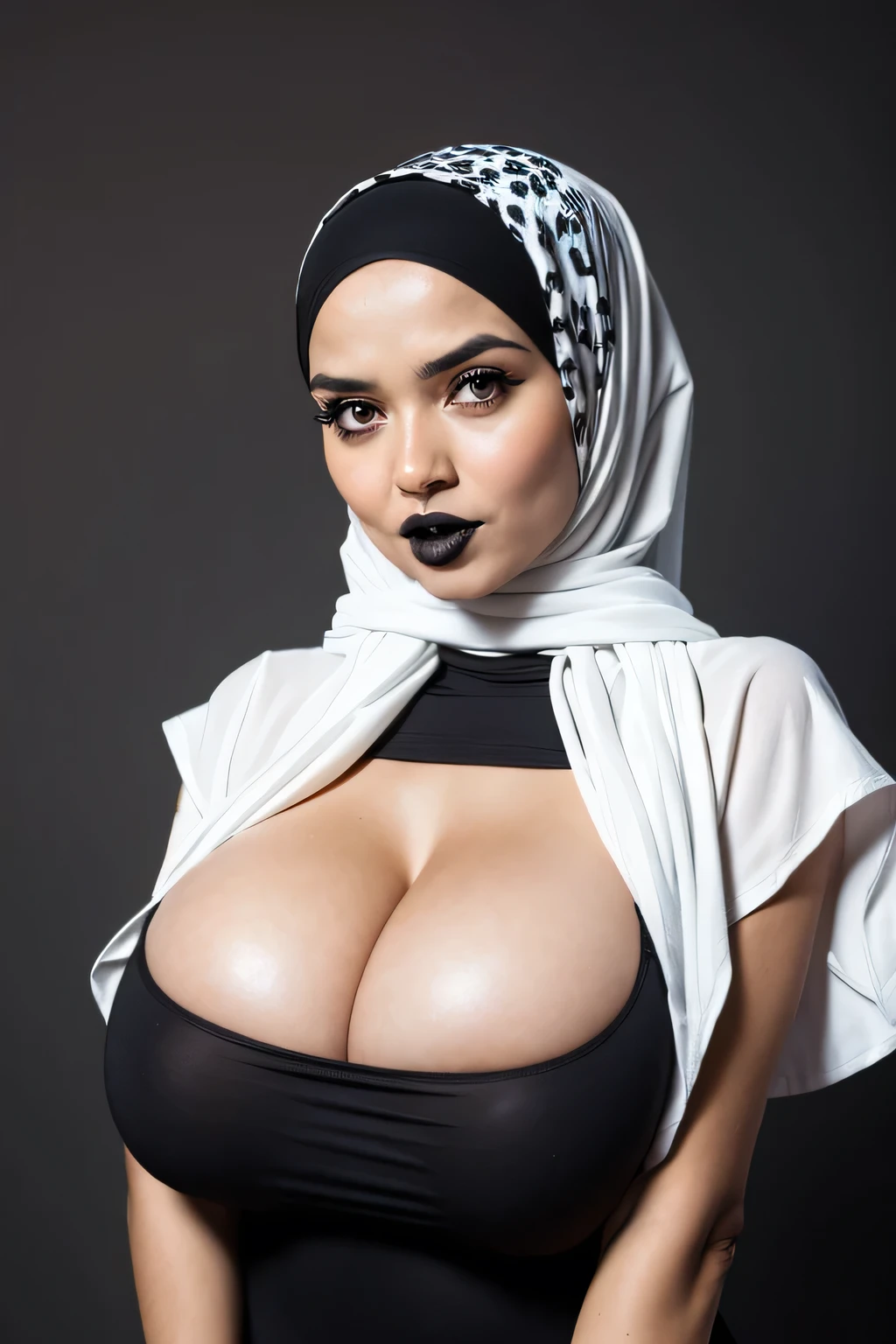 ((GOTHIC GOTH GIRL BLACK LIPS)), Jumbo (Singlet), Chubby adorable, 1 girl, (face to face), , baby face, angry face expression, half body portrait, (face details: 1), (eye details: 1), ((big breasts)). wearing transparent transparency soft long shirt, hijab, .. Cute posed. proportional body. Ultra High Res. realistic: 1.4, UHD, ((white leopard pattern)), ((Bigger:2.4)), (((DARK BACKGROUND)))