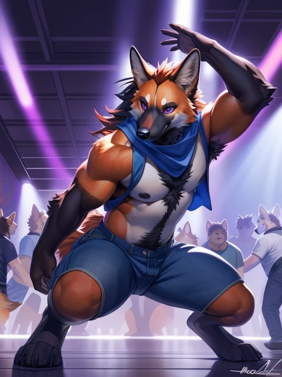 anthro, furry, furry male, maned wolf,((short fur,furry, smooth fur)), (maned wolf black print, black forelegs and forearms and muzzle, cream belly), black pupils, ginger body, black fur, purple eyes, tail, tail, detailed fur, detailed face, detailed eyes, bare chest, (Jean vest, blue neck bandana, Jean Bermuda shorts), dirty nightclub dance floor, graffiti on the walls, (by null-ghost,by raccoon21, masterpiece, high quality, hi-res, 8k, HD, dark lighting, shadows, dark, club lighting, bisexual lighting), dancing, twerking, moshpit, dancing among the crowd, crowd of anthro, crowded club, close-view portrait, looking at viewer, night, arrogant, seductive, swimmer build maned wolf man, long and thin arms and legs, black nipples, pierced nipples, mid 20s, armpit hair, happy trail
