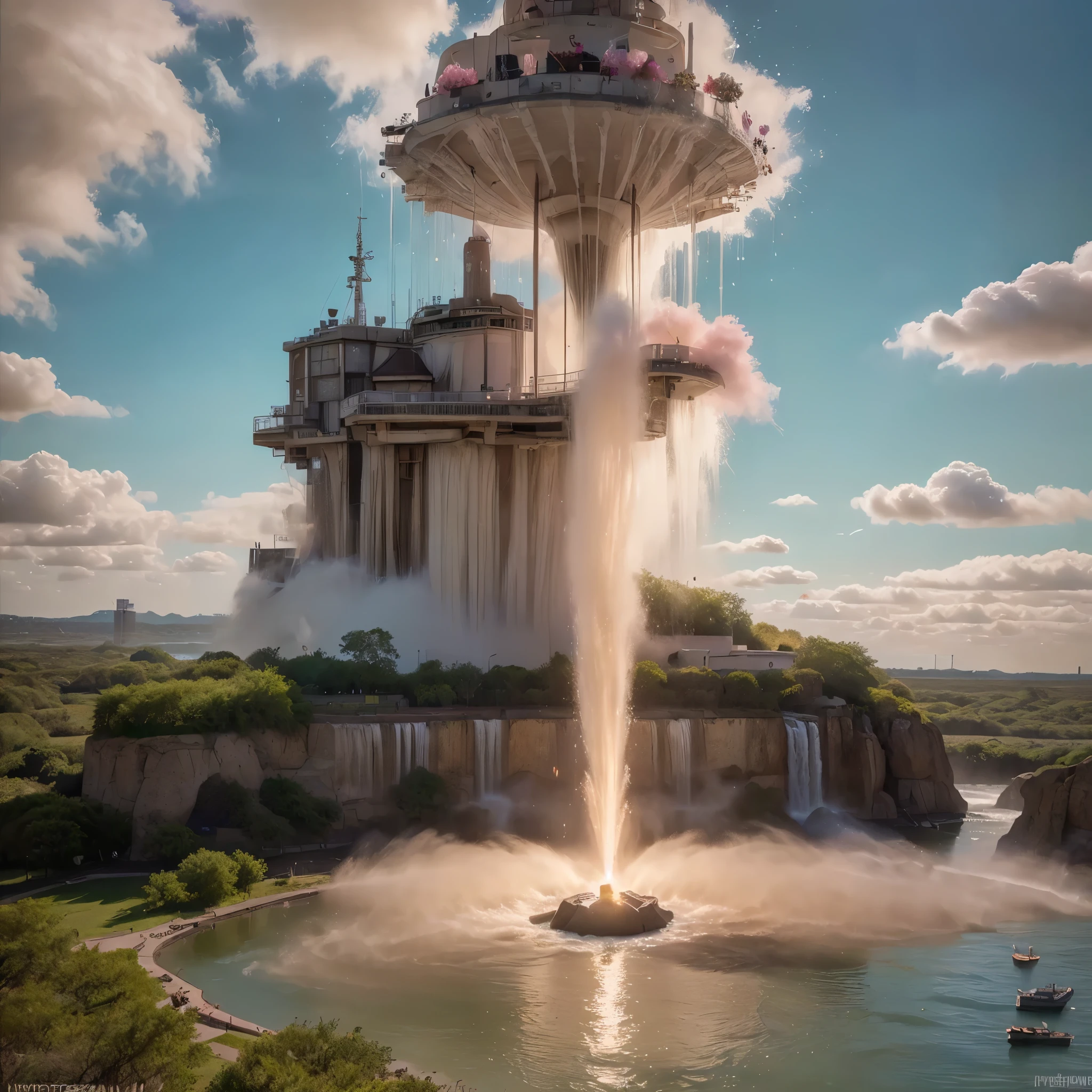 (8k, highest quality, masterpiece, final fantasy style: 1.2), (unRealistic, photoRealistic: 1.37), Dreamy landscape, Fantasy, Unsurreal landscapes, Super detailed, Flying Castle, Floating Island in the Sky, Seven-colored swirl of light, Intense lightning, nebulas,Complex Light, Colored light, Large Lake, Starry sky reflected on the lake surface, Countless shining stars, Meteors,  Reflections , (A pillar of light emanated from the ground:1,2), (((roses and orchids gardens , bright day , pink and 50 shades of blue clouds, waterfalls in the sky, realistic style, Hyperrealism drawing, a flying pirate spaceship floating above the  clouds)))) , burning skyscrapers, , timeless realms, stunning  princess  ,  casting spell, healing light magic effect, in a magical lagoon of the fairyland, crystal clear water surface reflections, sharp focus, looking at viewer, (close-up:0.9), (bright white theme:1.2), (bright white tone:1.2), (deep blue tone:1.3),((( realistic, Hyperrealism, vivid colours , landscapes , alien cyborgs , science fiction themes))), 