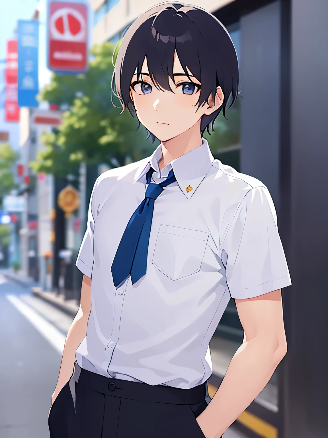 manly、school uniform、upper body、shiny skin, masterpiece、Highest quality、(25-year-old male:1.5) and (Black short hair) and (blue eyes), BREAK white collared shirt BREAK 立っている、surprised, The background is a park、alone
