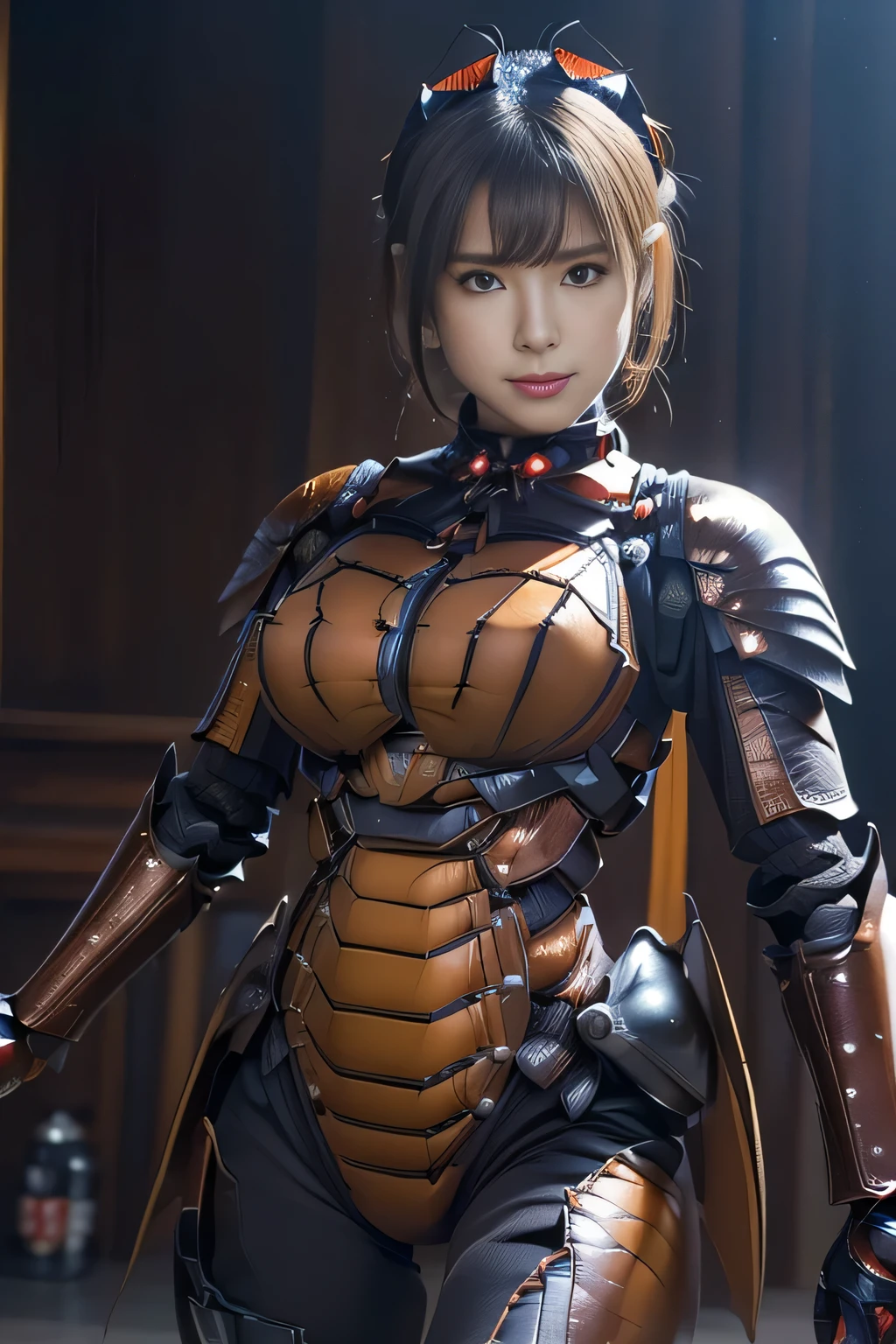 (high resolution,masterpiece,best quality,extremely detailed CG, anime, official art:1.4), realistic, photo, amazing fine details, all intricate, gloss and shiny,awesome many layers, 8k wall paper, 3d, sketch, kawaii, illustration,( solo:1.4), perfect female proportion,villainess, (fusion of dark brown cockroach and lady:1.4), (brown cockroach form lady:1.2), (brown cockroach lady:1.2), (fusion:1.2), (solo:1.4), (evil smile:1.2), muscular, abs, (cockroach brown exoskeleton bio insect suit:1.4), (cockroach brown exoskeleton bio insect armor:1.2), (brown transparency cockroach wing:1.4), (brown cockroach antennae:1.3),