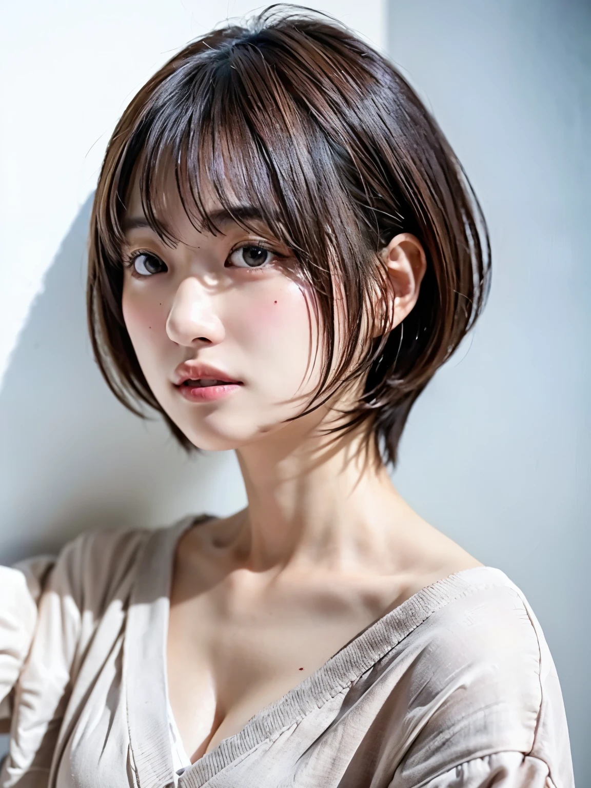 (Highest quality、8k、32K、masterpiece、Hmph:1.2)、Cute Japanese Women Photos、Photographed in front of a white wall、Photographed in natural light、Upper Body、Surface Focus、Long sleeve shirt、Simple Necklace、From above、Mix 4、(8k、RAW Photos、Highest quality、masterpiece:1.2)、(Realistic、Photorealistic:1.37)、1 person、Photon Mapping、Physically Based Rendering、Excellent image quality、High resolution、1080P、(Beautiful face)、(Detailed facial depiction)、(Detailed description of the hand)、(Masseter muscle area)、(Detailed CG)、 Extreme light and shadow、Dirty hair、masterpiece、Rich details、(exquisite features)、(Best image quality)、(masterpiece)、(Detailed eyes)、I look forward to seeing you、Delicate clavicle、Various poses、Nude images