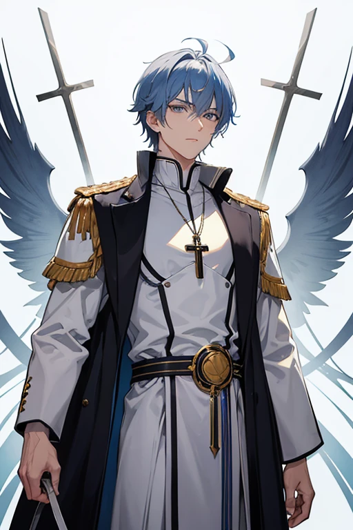 The 30-year-old priest has short, messy silver-blue hair and eyes of the same color. He is a tall, muscular man, wearing a Holy Knight's robe with a cross on his chest, wearing a golden crucifix necklace, looking straight ahead at the viewer, white background.