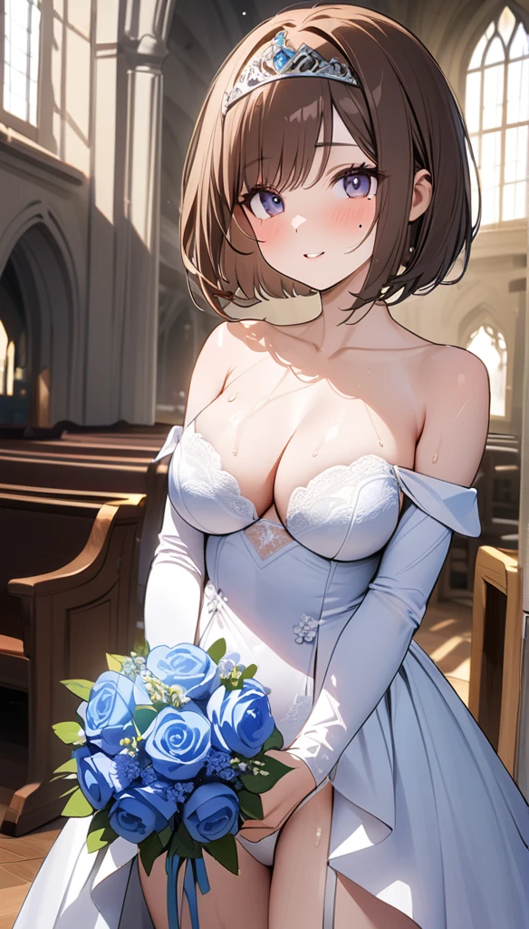 (1 person),(Best image quality, 8k, masterpiece:1.3),((Brown hair bob cut:1.1)),(Swept-apart bangs,Braiding), (Cute eyes, Dark Eyes), (Mole under right eye), (Slender), (Large Breasts),(Glowing Skin:1.1),(Pale skin:1.2),(Sweat),(A fantastic atmosphere),(look up),Ultra-high resolution, Textured skin, Sparkle Effect, Gazing at the audience,Wet body,
wedding,church,
White lace bra,White lace panties,bride,White garter belt,Holding a blue bouquet,happiness/joy, Wedding dress,Off-the-shoulder dress,Silver Tiara,