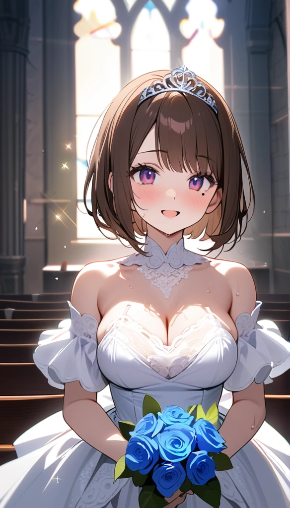 (1 person),(Best image quality, 8k, masterpiece:1.3),((Brown hair bob cut:1.1)),(Swept-apart bangs,Braiding), (Cute eyes, Dark Eyes), (Mole under right eye), (Slender), (Large ),(Glowing Skin:1.1),(Pale skin:1.2),(Sweat),(A fantastic atmosphere),(look up),Ultra-high resolution, Textured skin, Sparkle Effect, Gazing at the audience,Wet body,
wedding,church,
White lace bra,White lace pantiesWhite garter belt,Holding a blue bouquet,happiness/joy, Wedding dress,Off-the-shoulder dress,Silver Tiara,