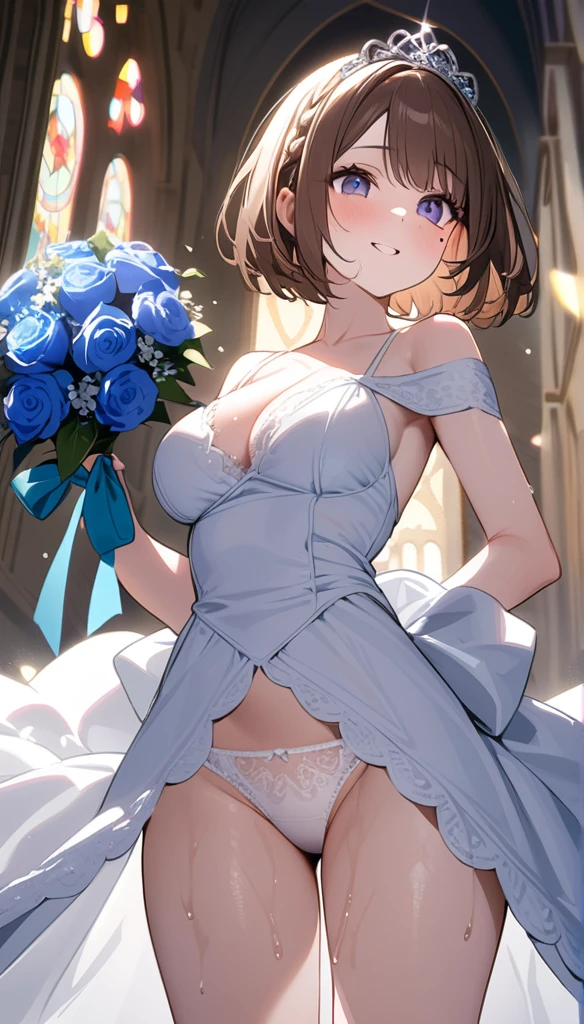 (1 person),(Best image quality, 8k, masterpiece:1.3),((Brown hair bob cut:1.1)),(Swept-apart bangs,Braiding), (Cute eyes, Dark Eyes), (Mole under right eye), (Slender), (Large Breasts),(Glowing Skin:1.1),(Pale skin:1.2),(Sweat),(A fantastic atmosphere),(look up),Ultra-high resolution, Textured skin, Sparkle Effect, Gazing at the audience,Wet body,
wedding,church,
White lace bra,White lace panties,bride,White garter belt,Holding a blue bouquet,happiness/joy, Wedding dress,Off-the-shoulder dress,Silver Tiara,