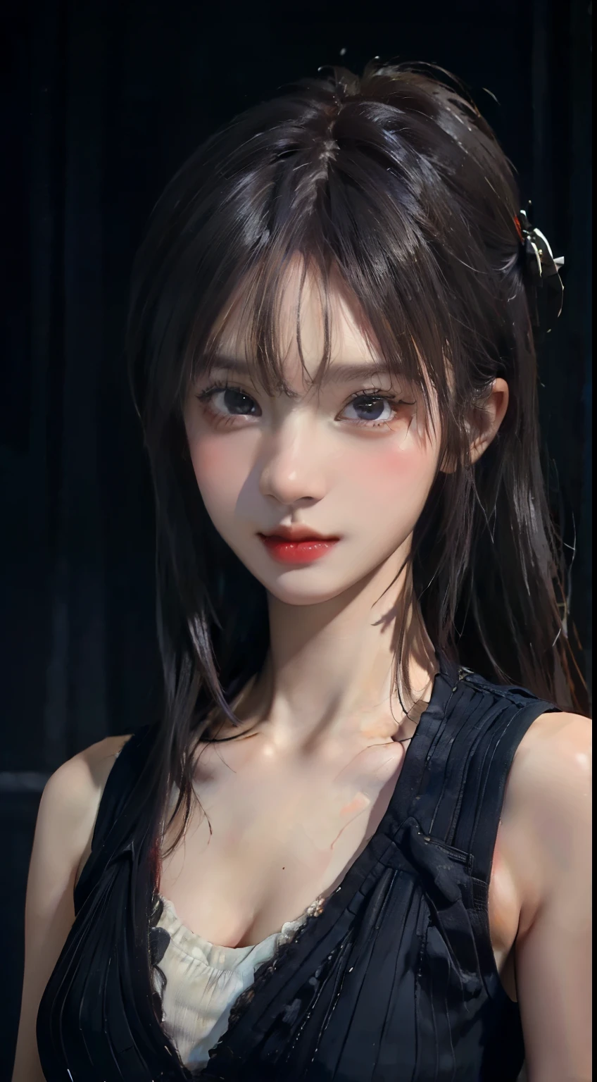 ((masterpiece:1.4)、(top quality:1.4)、(realistic:1.7))、masseter muscle fragment:1.4、portrait of a girl、close-up photo、upper body shot、beautiful face、challenge、dark background、small waist、ponytail、RAW photos、red lips、1 screen display、