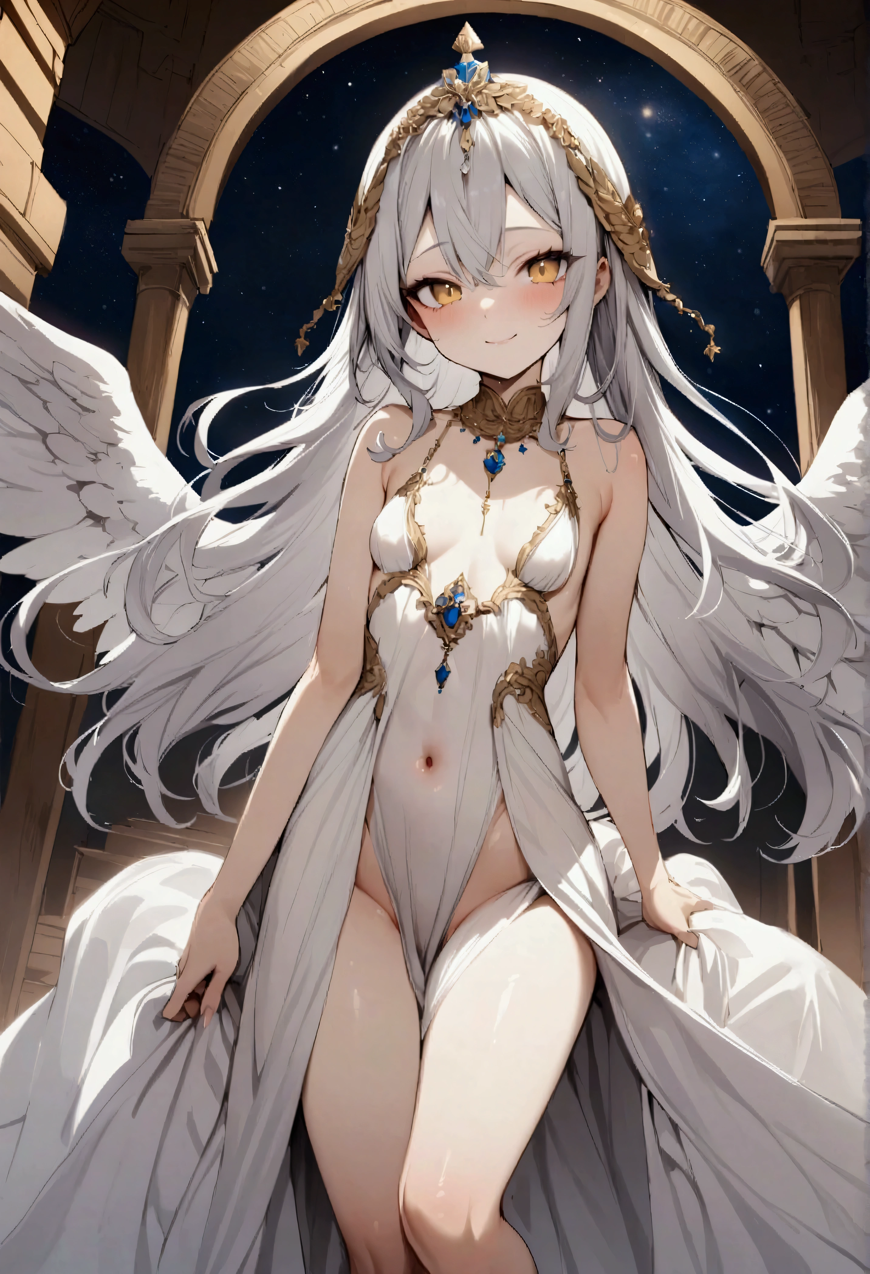 NSFW,masterpiece,Highest quality,High resolution,Very detailed,Girl,Silver Hair,long hair,Golden Eyes,Small breasts,Short height,Angel,wing,A dazzling long dress,Silk dress,gem,Decoration,Temple of the Night,Starry Sky,Ancient,Bad Smile,provoke