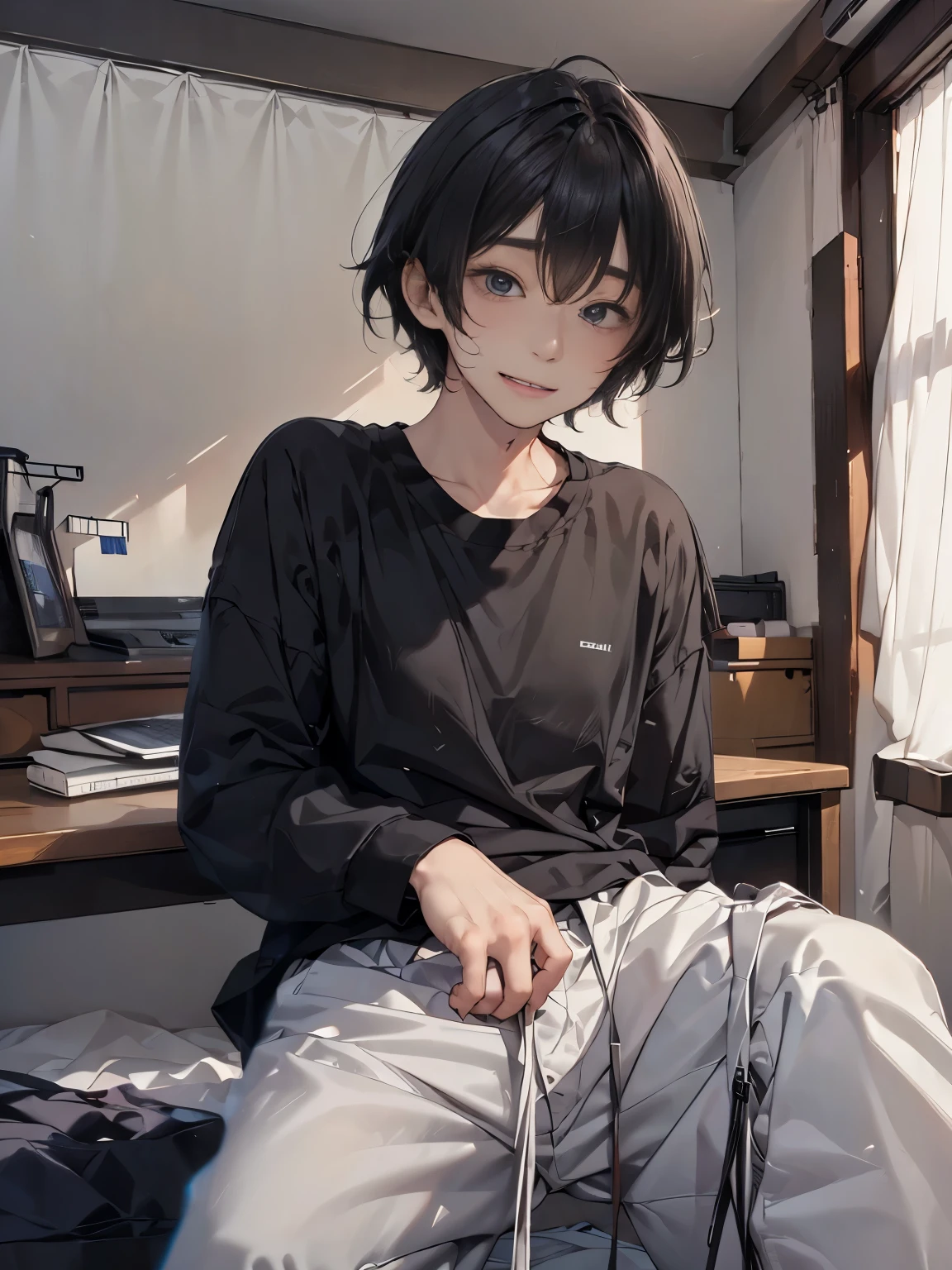There is a desk behind him。There is a laptop on the desk。