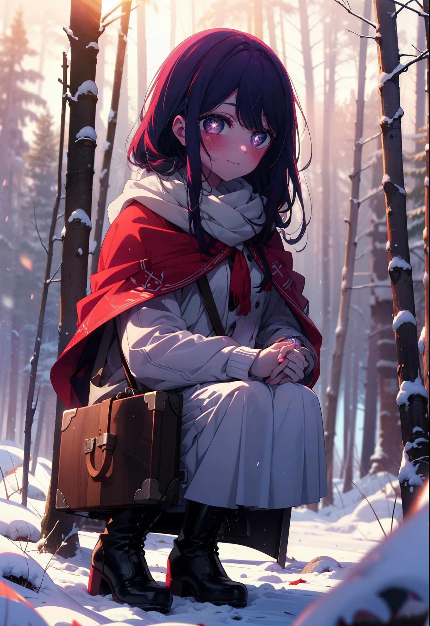 aihoshino, Ai Hoshino, Long Hair, bangs, (Purple eyes:1.1), Purple Hair, (Symbol-shaped pupil:1.5), smile,,smile,blush,white breath,
Open your mouth,snow,Ground bonfire, Outdoor, boots, snowing, From the side, wood, suitcase, Cape, Blurred, , forest, White handbag, nature, Squat, Mouth closed, Cape, winter, Written boundary depth, Black shoes, red Cape break looking at viewer, Upper Body, whole body, break Outdoor, forest, nature, break (masterpiece:1.2), Highest quality, High resolution, unity 8k wallpaper, (shape:0.8), (Beautiful and beautiful eyes:1.6), Highly detailed face, Perfect lighting, Extremely detailed CG, (Perfect hands, Perfect Anatomy),