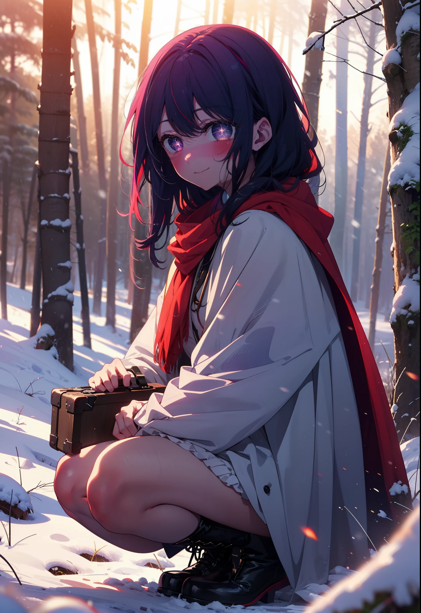 aihoshino, Ai Hoshino, Long Hair, bangs, (Purple eyes:1.1), Purple Hair, (Symbol-shaped pupil:1.5), smile,,smile,blush,white breath,
Open your mouth,snow,Ground bonfire, Outdoor, boots, snowing, From the side, wood, suitcase, Cape, Blurred, , forest, White handbag, nature, Squat, Mouth closed, Cape, winter, Written boundary depth, Black shoes, red Cape break looking at viewer, Upper Body, whole body, break Outdoor, forest, nature, break (masterpiece:1.2), Highest quality, High resolution, unity 8k wallpaper, (shape:0.8), (Beautiful and beautiful eyes:1.6), Highly detailed face, Perfect lighting, Extremely detailed CG, (Perfect hands, Perfect Anatomy),