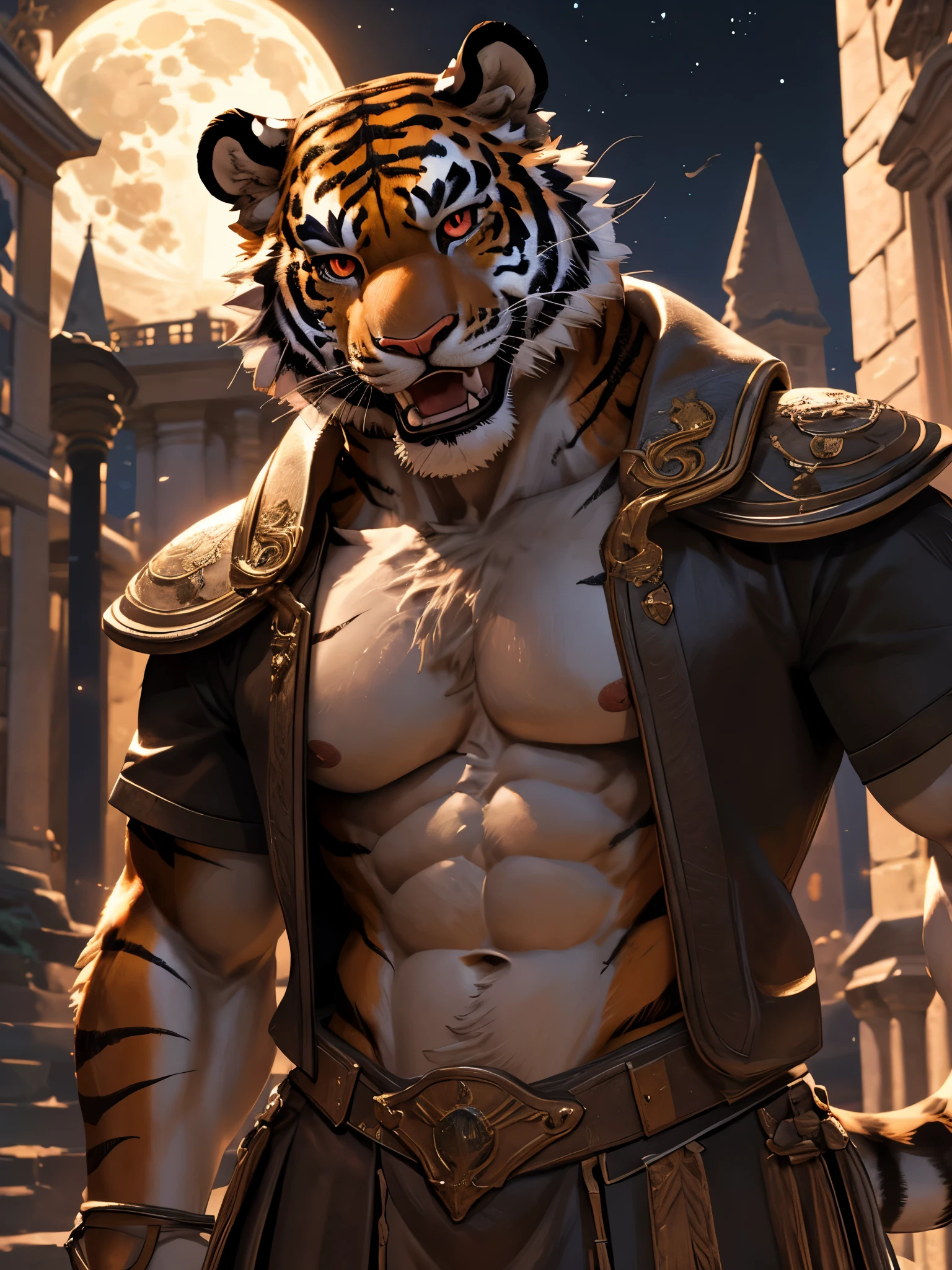 Best quality, masterpiec,ultra high res, furry, real shadow and light, 4K, Cool Pose, ((Tiger)), ripped body, Muscular, anthropomorphic, extra detailed body, detailed body, Best quality, masterpiece, ultra high res,detailed background,realistic, real shadow and light,depth of field, ((looking at viewer)), ((close up)), ((bare chest)), ((Roman Gladiator)), ((night time)), red eyes, Full moon, ((open mouth))