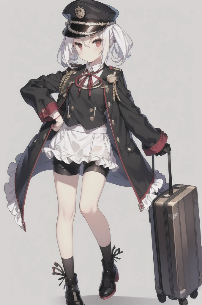 Vittorio_Veneto \(warship girls r\),((masterpiece)),(((best quality))),((ultra-detailed)),((illustration)),((disheveled hair)),((frills)),(1 girl),(solo),1girl,aiguillette,bag,bag charm,bangs,bike shorts,black bag,black footwear,black headwear,black jacket,black shorts,blush,briefcase,cape,charm \(object\),closed mouth,collared shirt,duffel bag,eyebrows visible through hair,full body,gloves,gradient,hair ornament,handbag,hat,holding,holding bag,iron cross,jacket,jacket on shoulders,keychain,short hair,long sleeves,looking at viewer,low ponytail,low twintails,luggage,messenger bag,military,military hat,military uniform,mole,mole under eye,parted lips,peaked cap,pouch,randoseru,red eyes,red ribbon,ribbon,satchel,school bag,shirt,shoes,shopping bag,short shorts,shorts,shoulder bag,sleeves past fingers,sleeves past wrists,socks,solo,standing,suitcase,twintails,uniform,white hair,white legwear,white shirt,wide sleeves,younger,