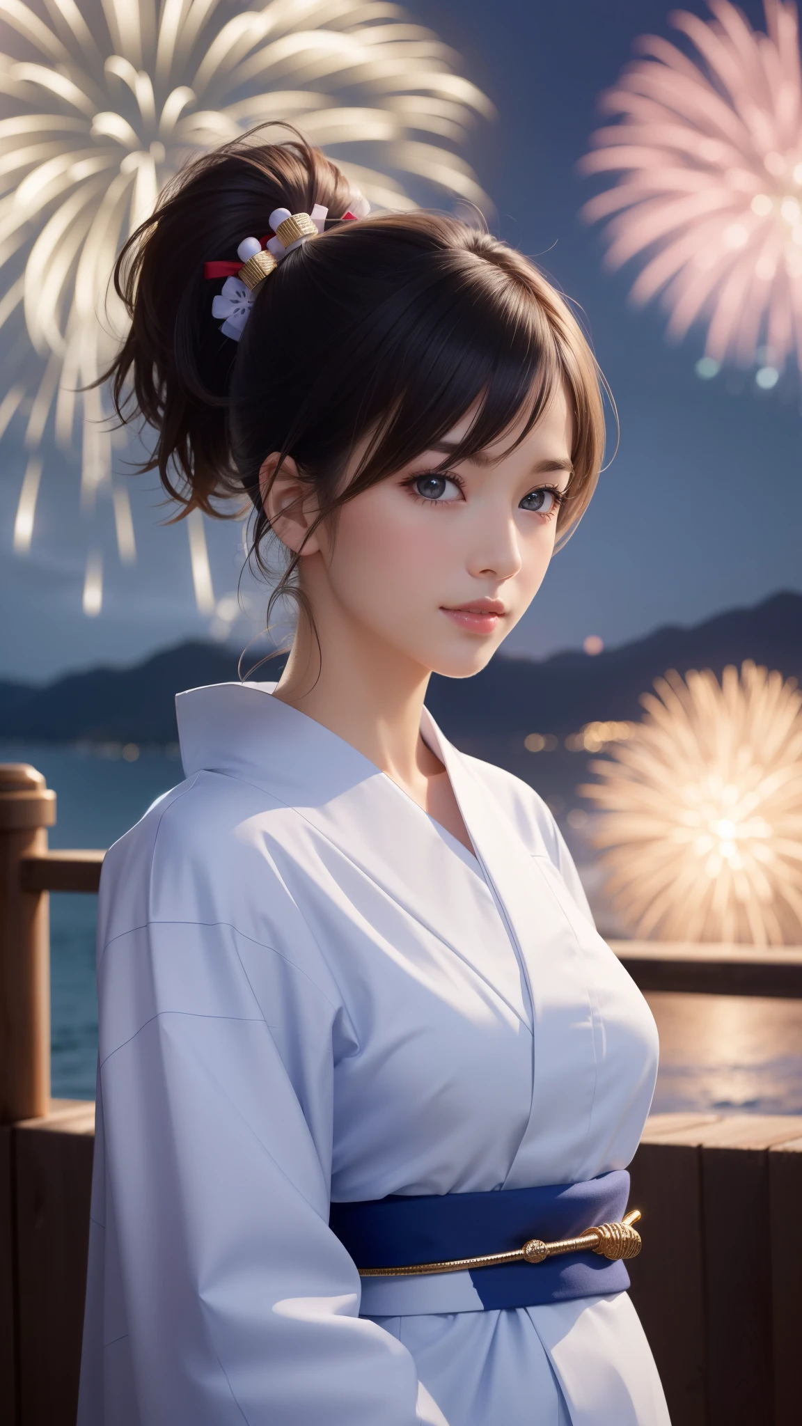 {Top Quality, Masterpiece}, (Realistic: 1.3), Wallpapers, ultra high res, ultra high quality, BREAK {{{FF7, Tifa_lockhart, solo}}},(ponytail),(Fireworks:1.1,evening:1.5), (light brown hair, Large breasts: 1.0), (she is wearing a cute yukata:1.8), About 18 years old,