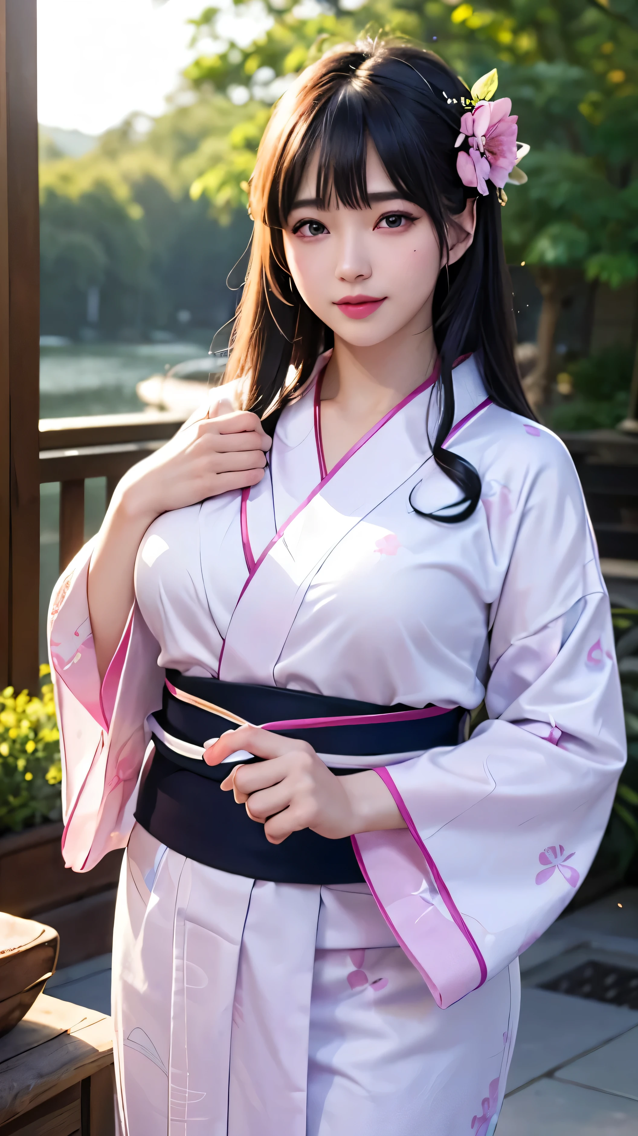 (logo、masterpiece、8k、Tabletop、RAW Photos、wonderful、最high quality、フォトリアリスティックでVery detailedな CG 複合 8k 壁紙、high quality、Very detailed、Narrative poem、Particle Effects、Dynamic Effects、Depth of the Boundary、Cinematic Light、Lens flare、Ray Tracing)、 (A beautiful woman wearing a yukata、White yukata、light purple pattern)、Black-haired、High resolution skin、Very fine、Fine skin、Beautiful Face、True Face、Beautiful details in the eyes、Realistic eyes、Beautiful and detailed eyes、Realistic Skin、Beautiful Skin、Surreal、Smiling Eyes、Hair and Light eyes、Vivid、Colorful Lights and bokeh、plump lower lip、Pink Lips、Hair flutters in Wind、Hair bounces、wonderful景色、night、evening、Wind、moonLight、moonLight、Light