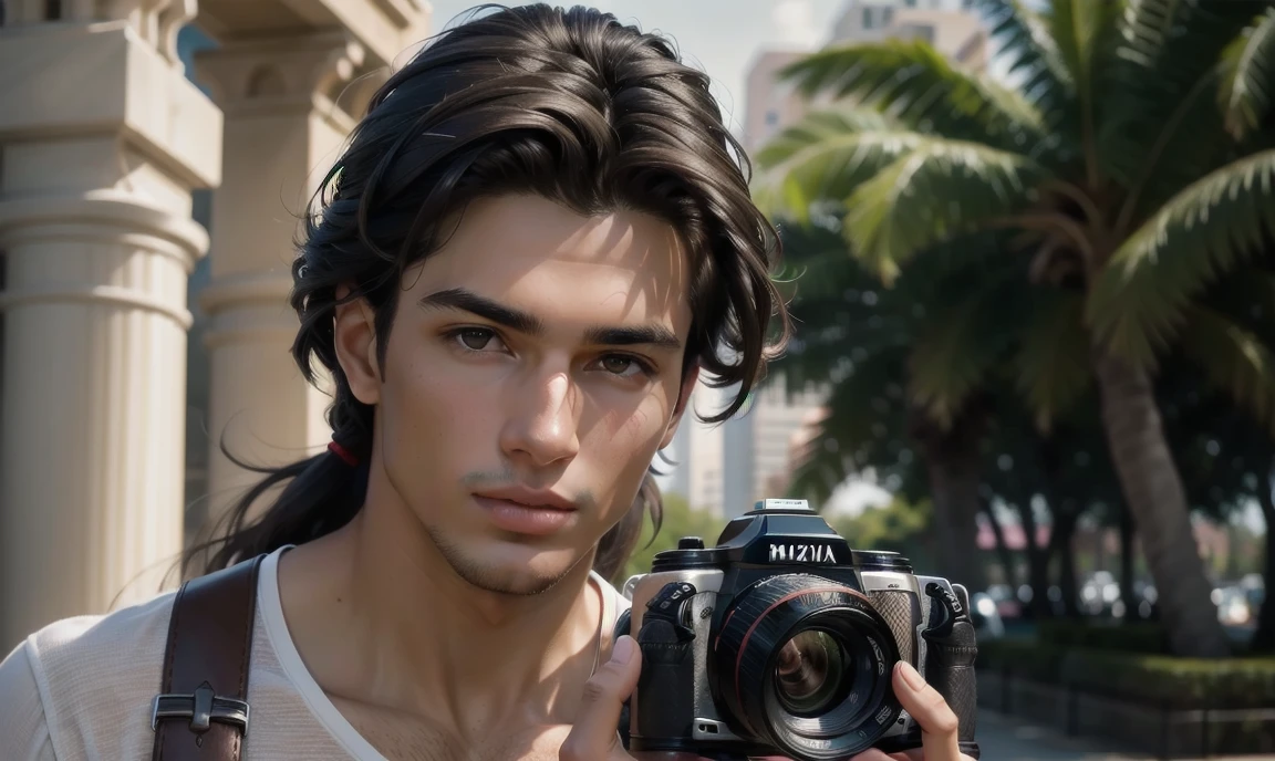 [((highly detailed, detailed eyes, detailed face, clear and realistic facial features, photorealistic, realistic light, cinematic)), ((((1 man)))), Pablo is an average metrosexual 24 year old Brazilian man with long straight brown hair, dark brown eyes, stubble and full lips who is a professional photographer and holding a camera while standing outside (((pretty but average Brazilian man))), ((slender build physique)), (((long straight dark brown hair))), ((beautiful warm brown eyes)), (((stubble))), (((secretive expression))), ((standing in a park)), ((((he is a photographer)))).]