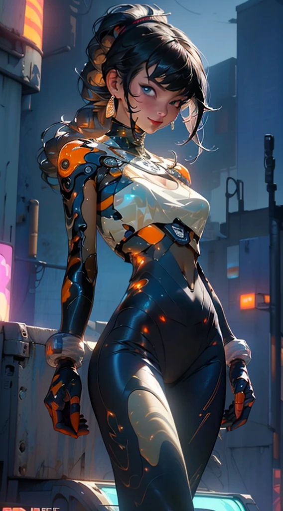 Cyber ​​city at night,(Gorgeous night illuminations:1.3),(Stand on the roof of a building:1.3)The actress is a very beautiful Western adult woman...(Sexy ultra-glossy orange transparent holographic mechanical cyberpunk suit:1.3) ,Sexy Face, necklace,Earrings, Smile.Sexy pose, (Silver Hair, elaborately braided and beaded ponytail twisted bun,Braided Setup Fishbone Hair,),(The bangs are see-through),(hairpin, ponytail,Floating Hair,),Chest slip,(Emphasize large breasts:1.3),Professional Lighting,Cinematic Light,(Tabletop,Highest quality,Ultra-high resolution output images,) ,(8K quality,),(SeaArt 2 Mode: 1.3),,(Picture Mode Ultra HD,)