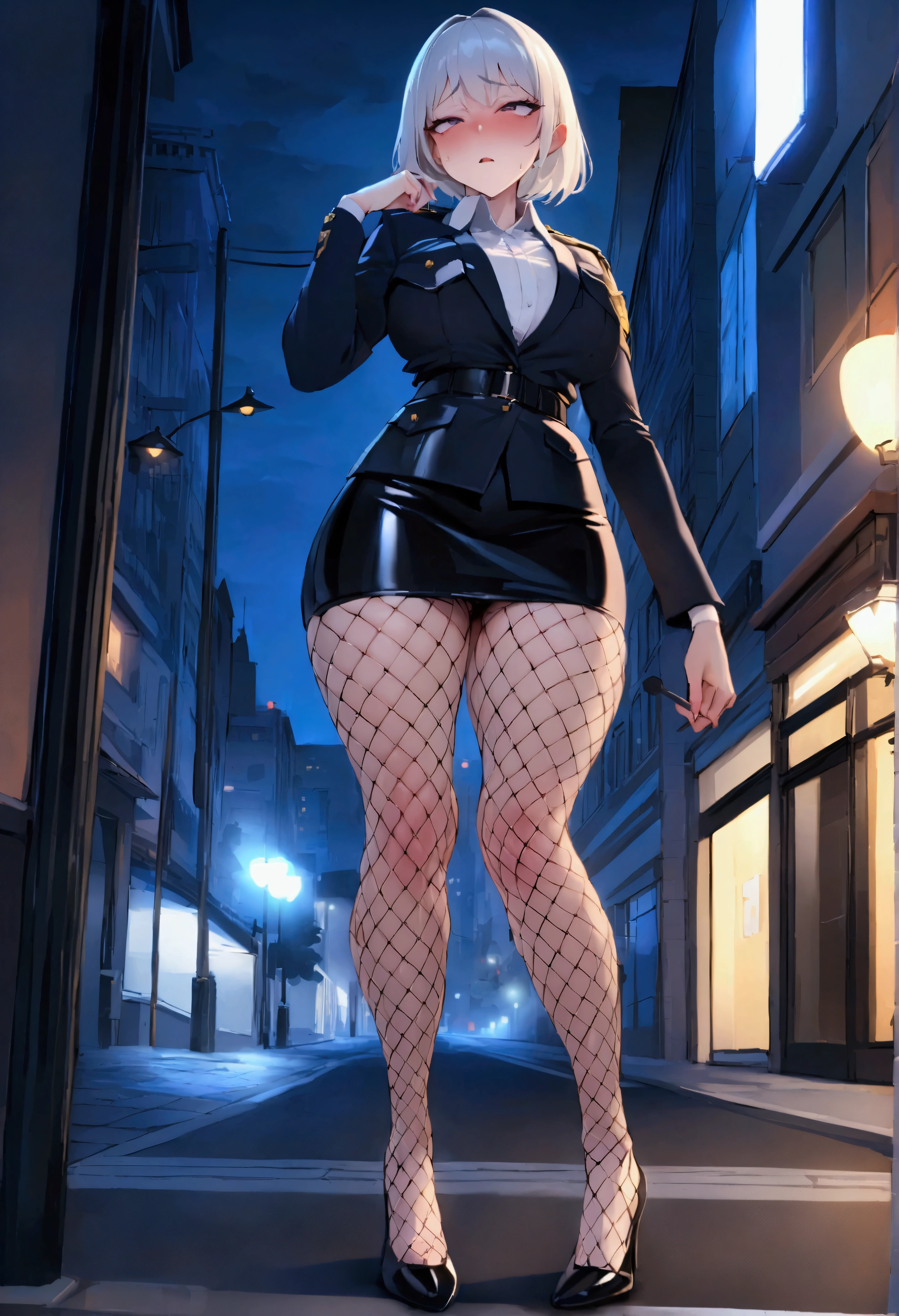 NSFW,masterpiece,Highest quality,High resolution,Very detailed,A timid woman,Police Officer,policewoman,mini skirt,Pencil Skirt,Fishnet tights,Heel,Anxious face,Downtown at night,Street lamp,In town