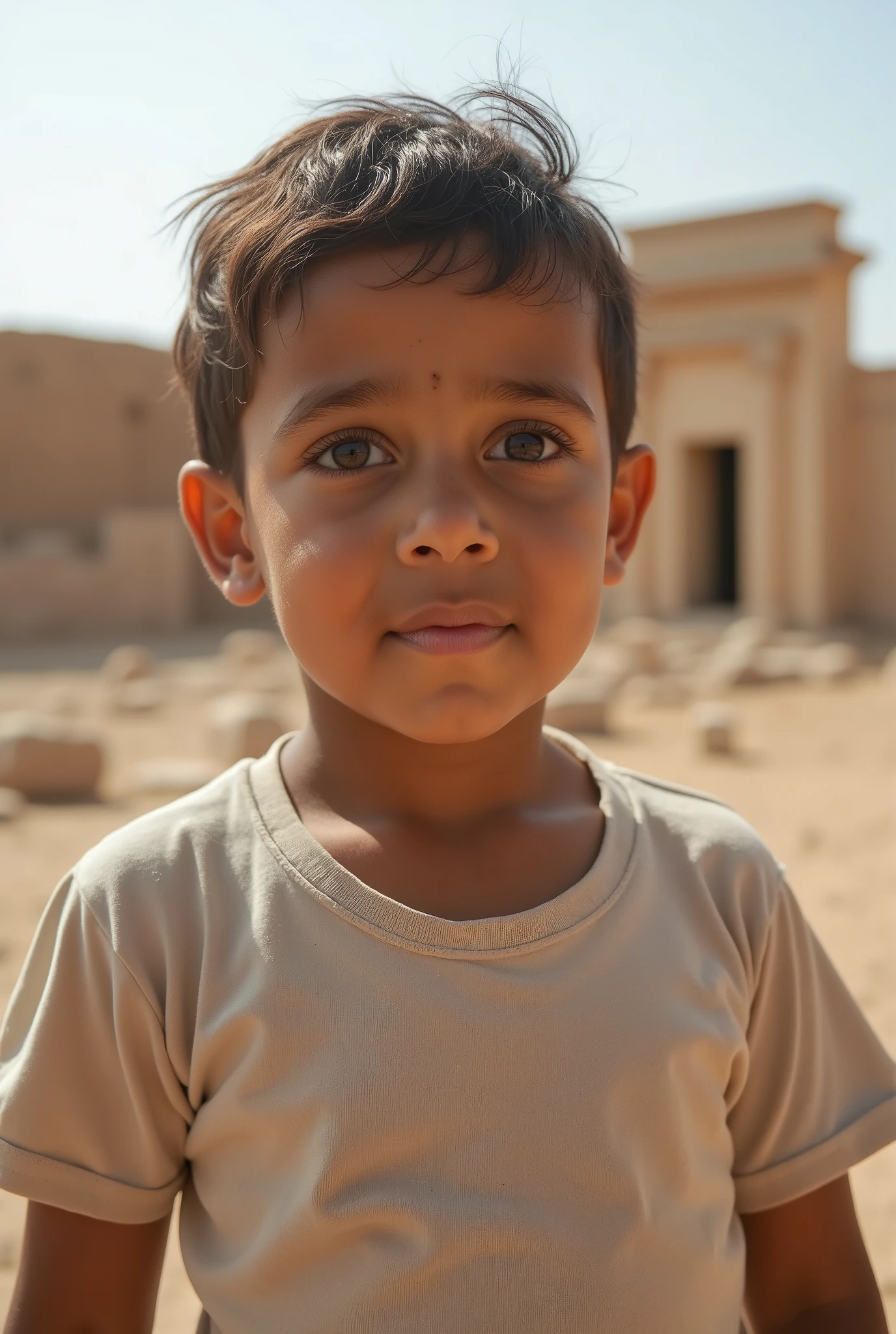 Children from Middle Eastern countries stare blankly at the ground，Wearing a very large T-shirt，There are ruins all around
