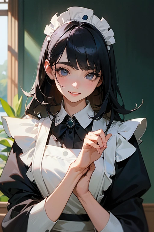 (Highest Resolution, clear_image) Highest quality, single, One woman, alone, masterpiece, Very detailed, Semi-realistic, Black Hairのショートヘア, Black Hair, bangs, 18-year-old, mature, Light blue , Indoor Background, kind, Authoritative, Powerful, exquisite features, exquisite features、Eyelashes become longer、Showing teeth、smile😀、Maid clothes、woman'Fingers in the、Sleeping on the sofa、Long Hair、Fluttering in the wind、((Change of clothes)).