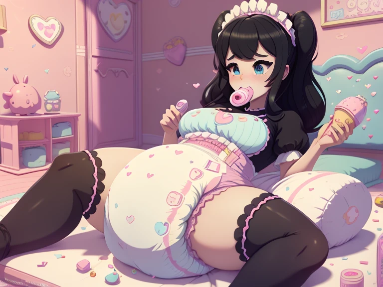 A confident mommydom wearing a big bulbous puffy diaper, heart emojis, bedroom, fishnet stockings, pretty eyes, seductive, flirty, colorful, puffy dress,  room, diapers, confetti, cake,Black Silk,Trojans,Maid costume,The girl is drinking from the bottle and holding a **** toy,kindergarten