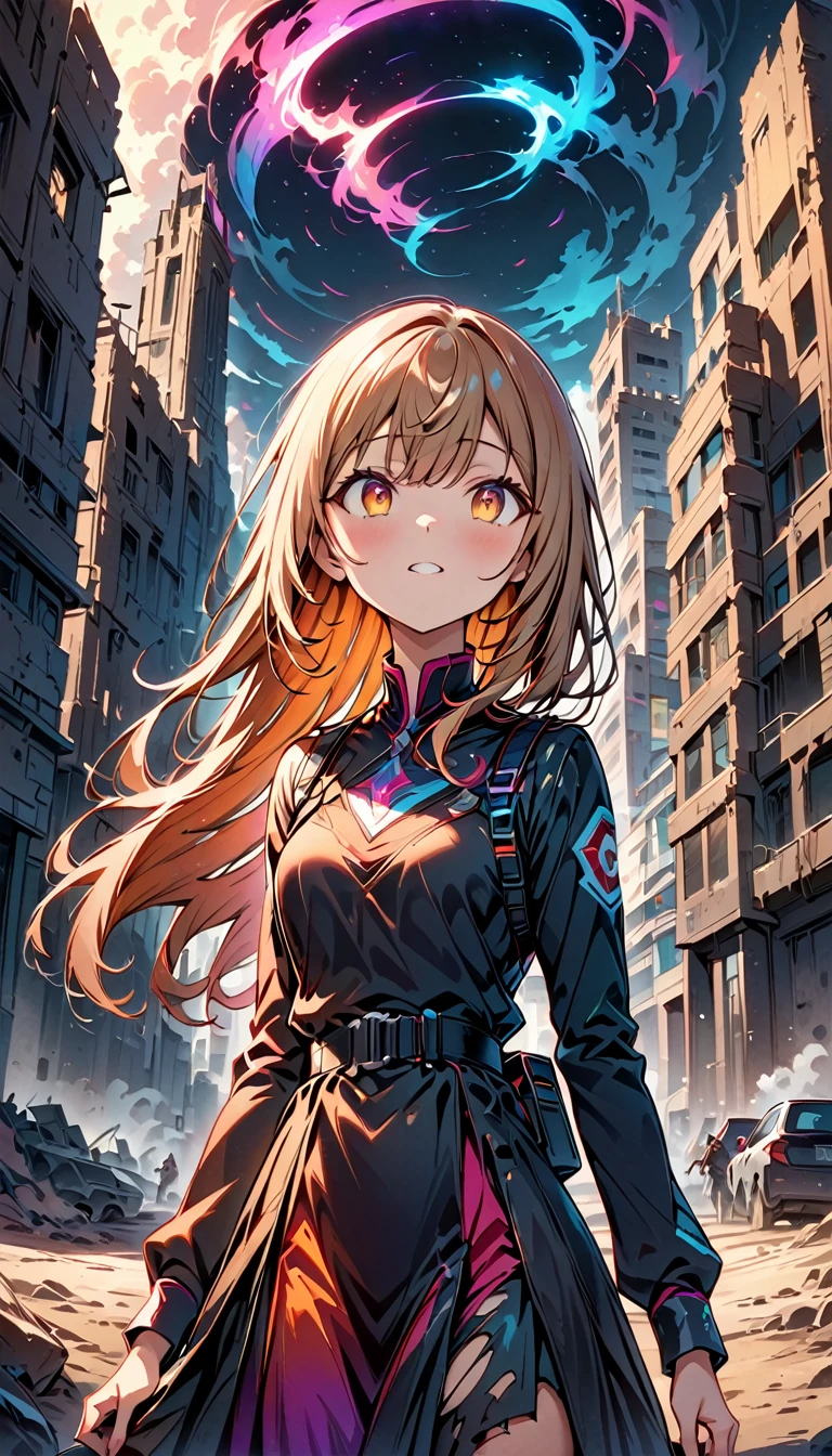 (highest quality:1.2, Very detailed, up to date, Vibrant, digital coloring, High Contrast, masterpiece:1.2, Best Quality, Best aesthetics), 1 female, light brown Hair, Long Straight Hair、Looking up into the void, Painful expression, military uniform, Torn clothes, Belt with equipment attached, Unusable communication gadgets, A city with no one, End of the World, Ruined City, Dark color palette,Smoke rising from the sky, Sand Dust, A long, dark night.