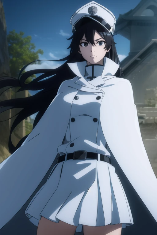 bambietta, bambietta basterbine, long hair, black hair, (black eyes:1.5), (medium breast:1.2),
BREAK skirt, gloves, boots, belt, cape, cloak, white cloak, hat, cap,
BREAK looking at viewer,
BREAK outdoors,
BREAK (masterpiece:1.2), best quality, high resolution, unity 8k wallpaper, (illustration:0.8), (beautiful detailed eyes:1.6), extremely detailed face, perfect lighting, extremely detailed CG, (perfect hands, perfect anatomy),