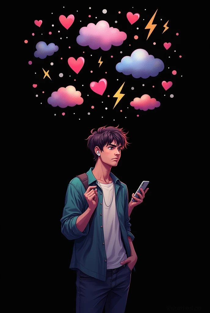 "Create an image of a young man with a cell phone in his hand, listening to music, and cloud symbols, hearts and lightning, with a not very happy expression, with a dark or black background."