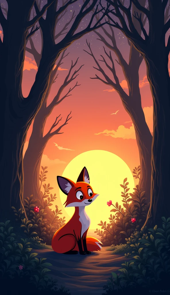 Cartoon character of as the sun sets, the young fox stands alone in a dense forest, looking around nervously. The trees are tall, and the shadows are long, creating a slightly eerie atmosphere. The fox’s expression shows uncertainty and fear of being lost
