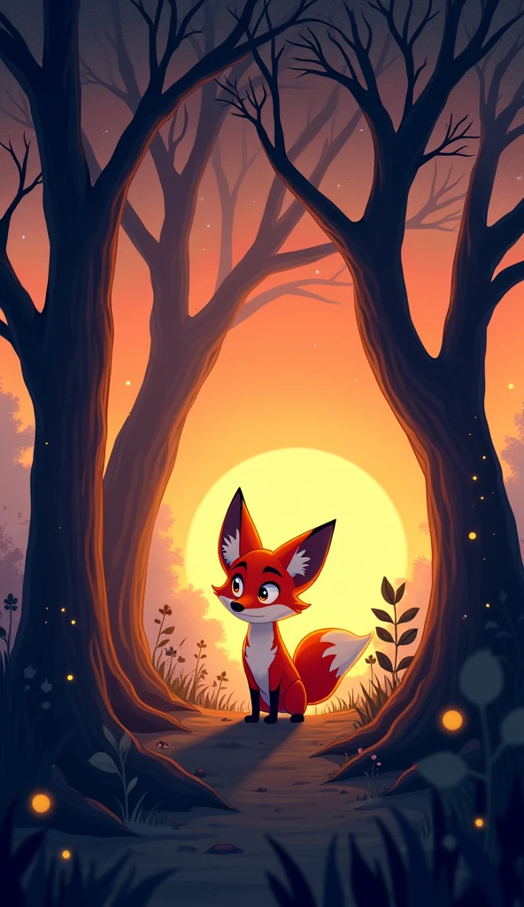 Cartoon character of as the sun sets, the young fox stands alone in a dense forest, looking around nervously. The trees are tall, and the shadows are long, creating a slightly eerie atmosphere. The fox’s expression shows uncertainty and fear of being lost